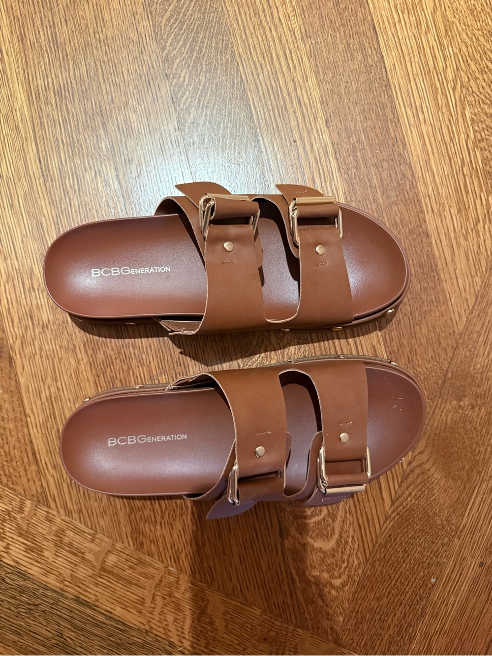 BCBGeneration Women's Tan Double-Buckle Slide Sandals